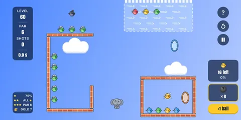 Crazy Elephant, Level 60, mit gepanzerten Vögeln hinter Ziegelmauern, einer Windzone, zwei Portalen und einem goldenen Vogel