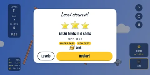 Die Karte für ein geschafftes Level mit drei Sternen und Gold: alle 30 Vögel mit 6 Schüssen, unter Par 7, ein neuer Bestwert