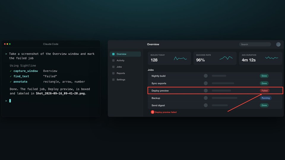 An AI agent asking Sightline for a screenshot and receiving it