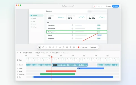 The Sightline video editor in light mode with a recording of a build dashboard and its timeline: clips, a sound lane boosted to 200 percent, a 2x zoom, an arrow, a rectangle and a blur.